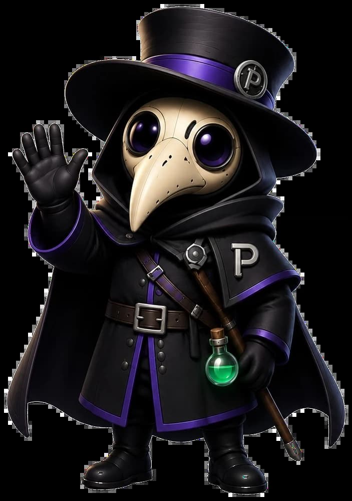 Plagorium plague-doctor mascot waving